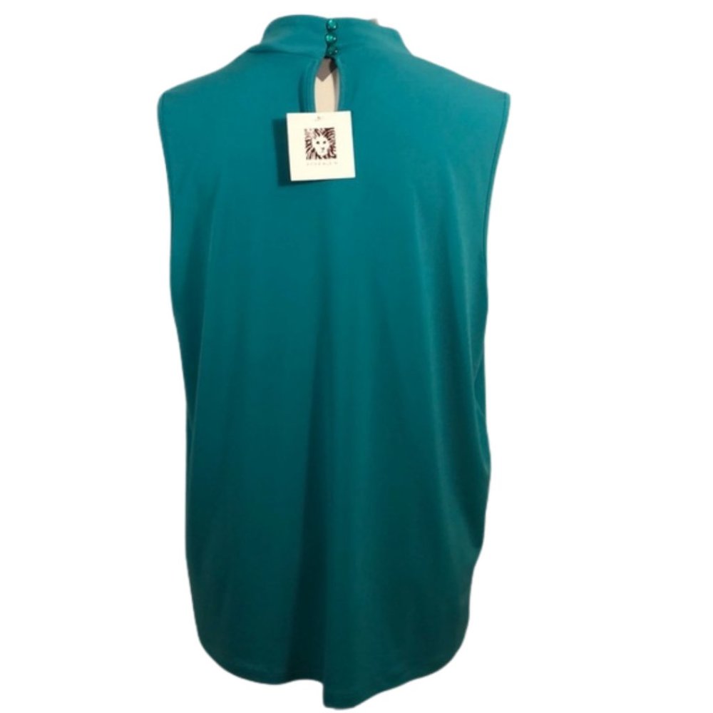 Anne Klein Dark Teal Lapis Sleeveless Blouse with Keyhole Cutout in Front - Picture 3 of 8